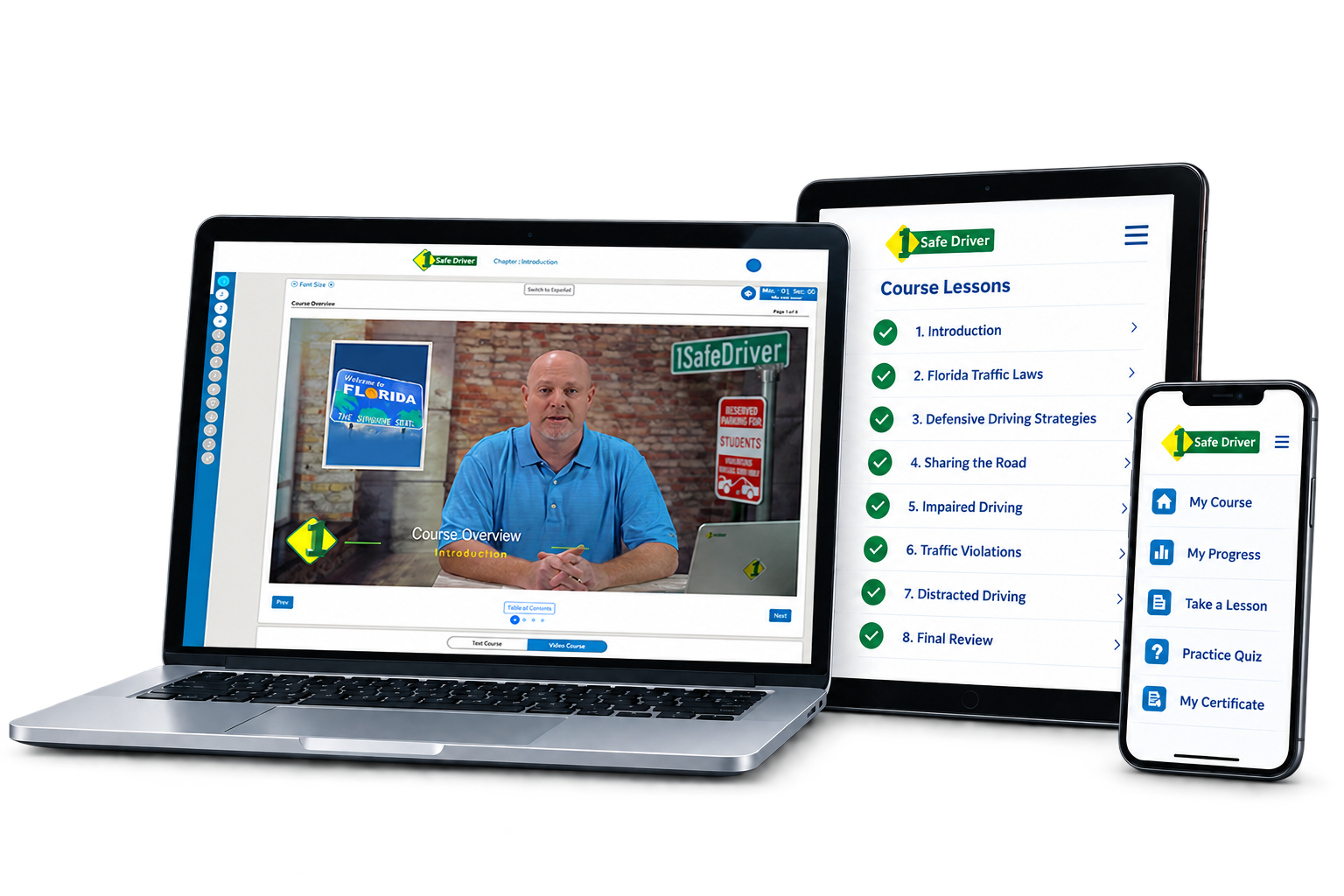 The 1SafeDriver course on a laptop, tablet and phone.