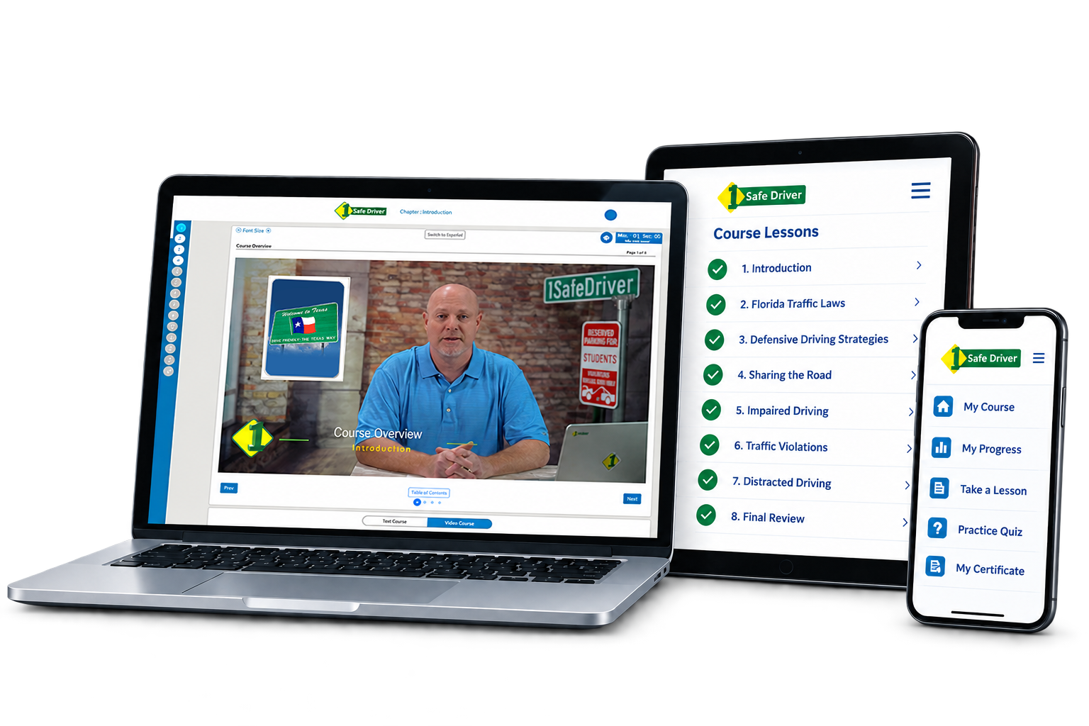 The 1SafeDriver course on a laptop, tablet and phone.